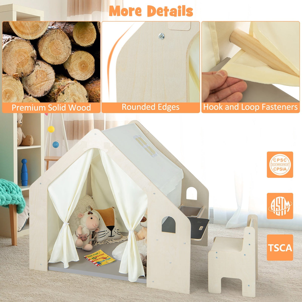 Casita de juegos interior estilo Montessori con baúl de almacenamiento y colchoneta para niños pequeños de 2 a 6 años-Beige