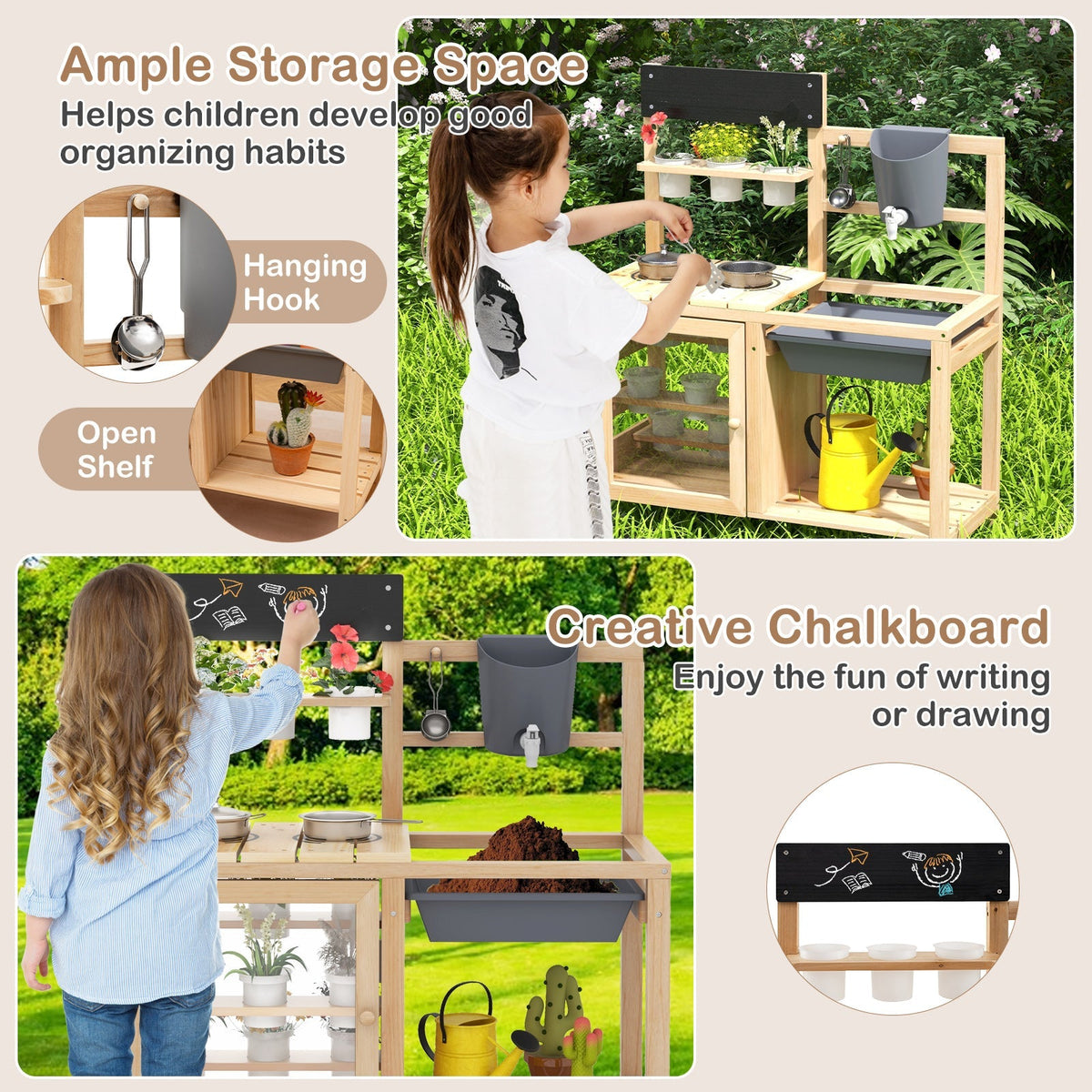 Cocina de Barro para Niños con Fregadero y Sala de Observación de Plantas-Natural