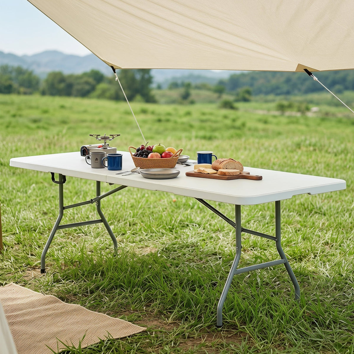 8 ft Portable Folding Table 350 LBS Fold-in-Half Table with HDPE Tabletop