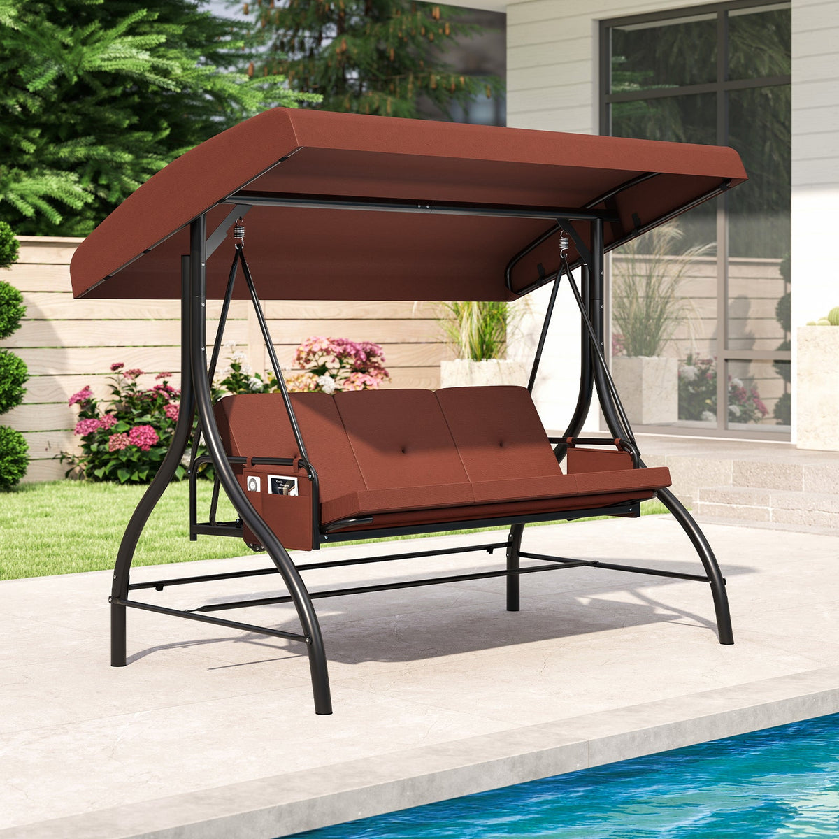 3-Piece Patio Swing with Canopy Removable Cushions and Side Pockets