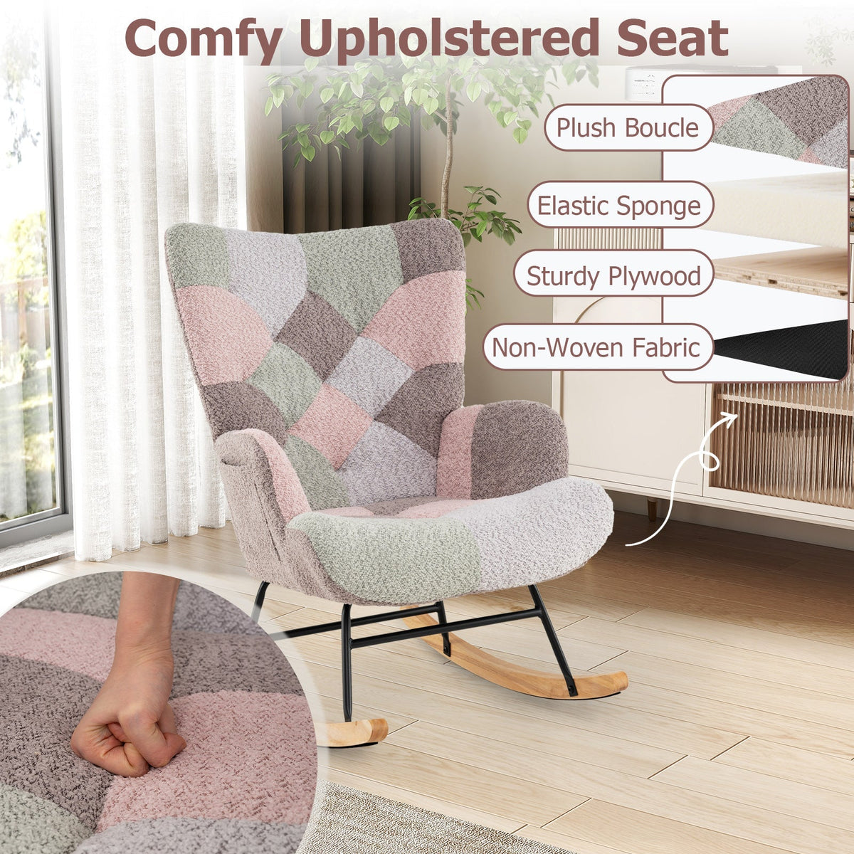 Nursery Rocking Chair with Ergonomic Armrests and High Backrest for Living Room