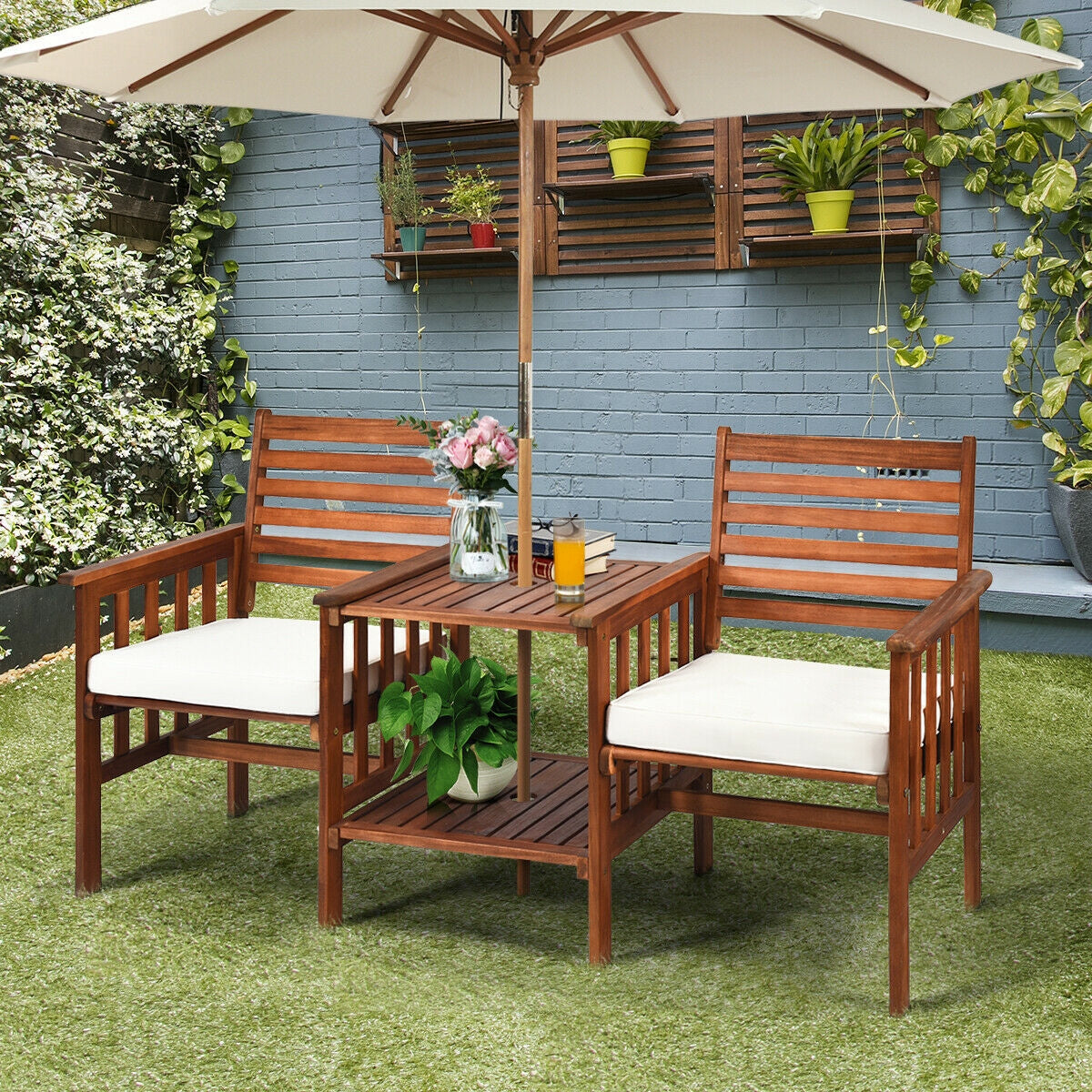 Juego de 3 piezas de mesa y sillas de patio para exteriores, loveseat de madera de acacia