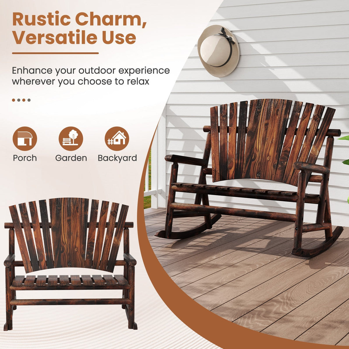 Outdoor Adirondack Rocking Chair for Adults with High Back and Slatted Seat-Brown