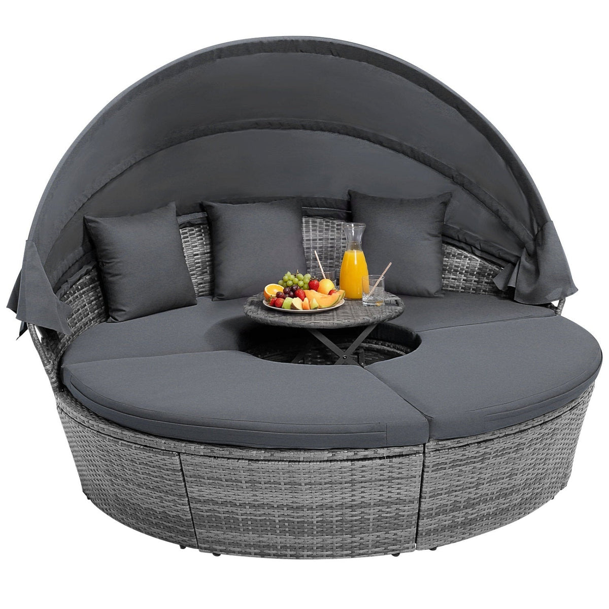 Outdoor PE Wicker Round Daybed with Retractable Canopy and Cushions-Navy
