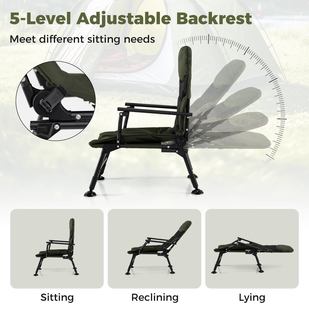 Sillón de Pesca Plegable de Tamaño Grande para Adultos con Reposabrazos - Verde