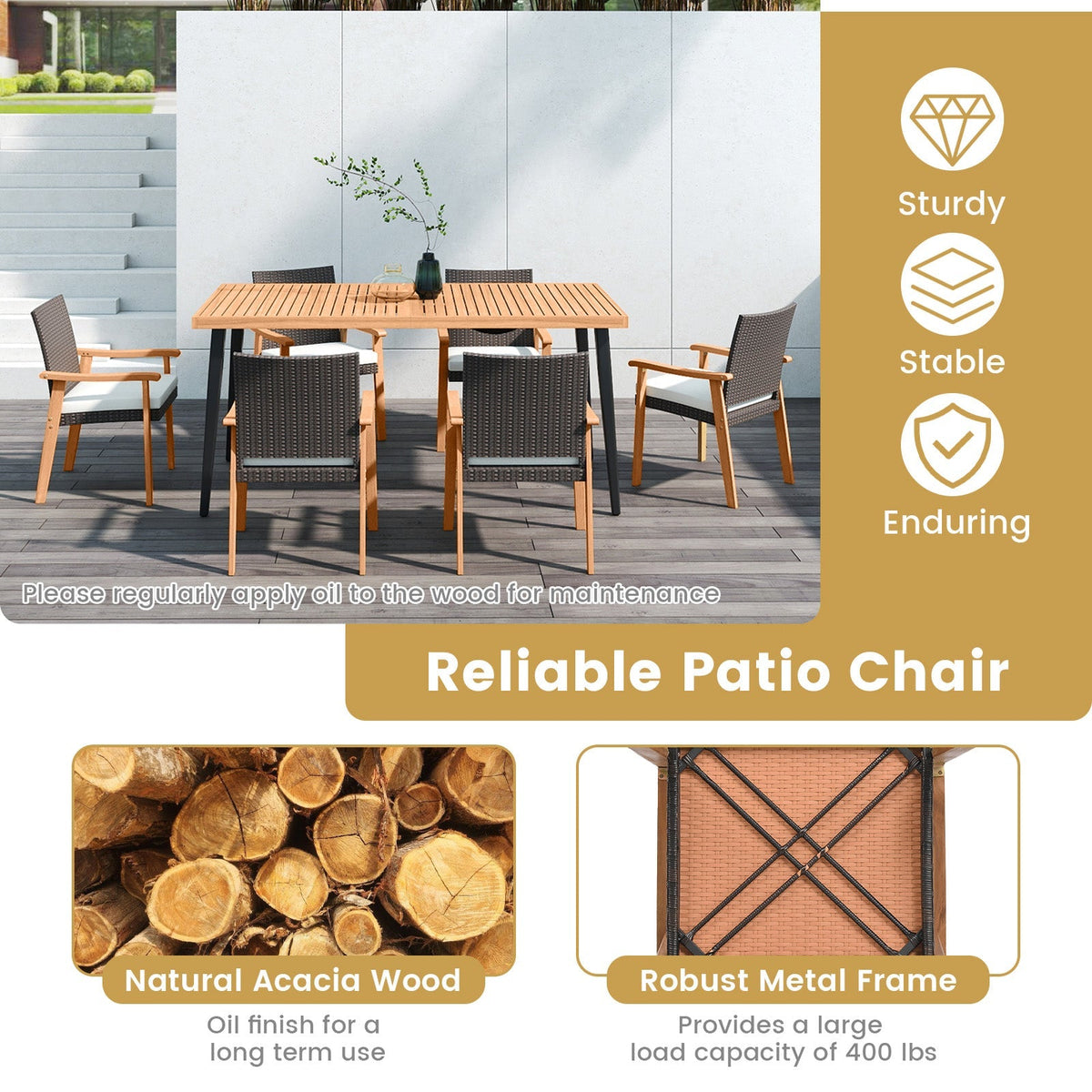PE Rattan Outdoor Patio Dining Chair Set of 4 with Removable Cushion and Acacia Wood Armrests-White