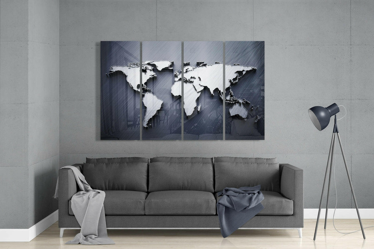 Embossed 3D World Map Blue Glass Wall Art