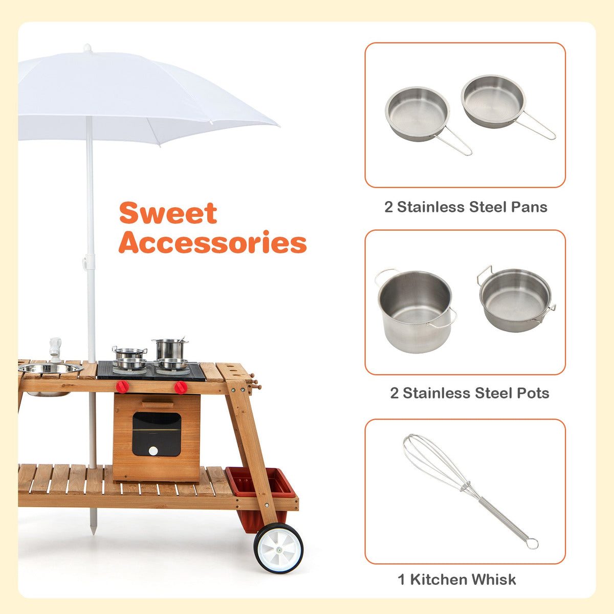 Wooden Play Cart with Sun Proof Umbrella for Toddlers Over 3 Years Old