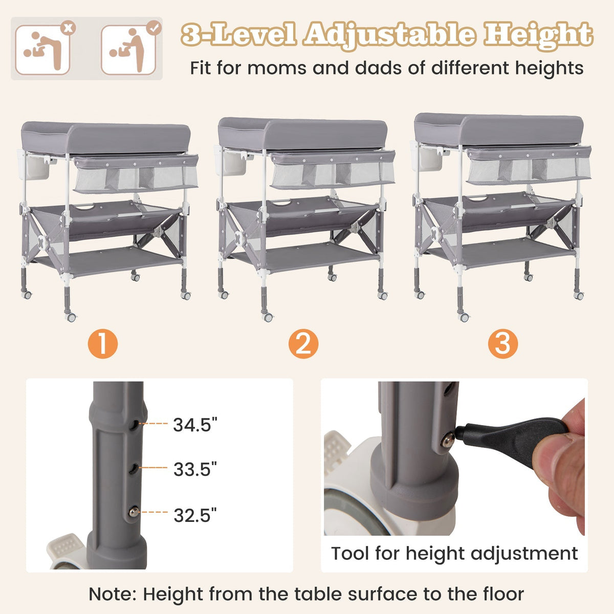 Portable Baby Changing Table with Wheels and Large Storage Rack