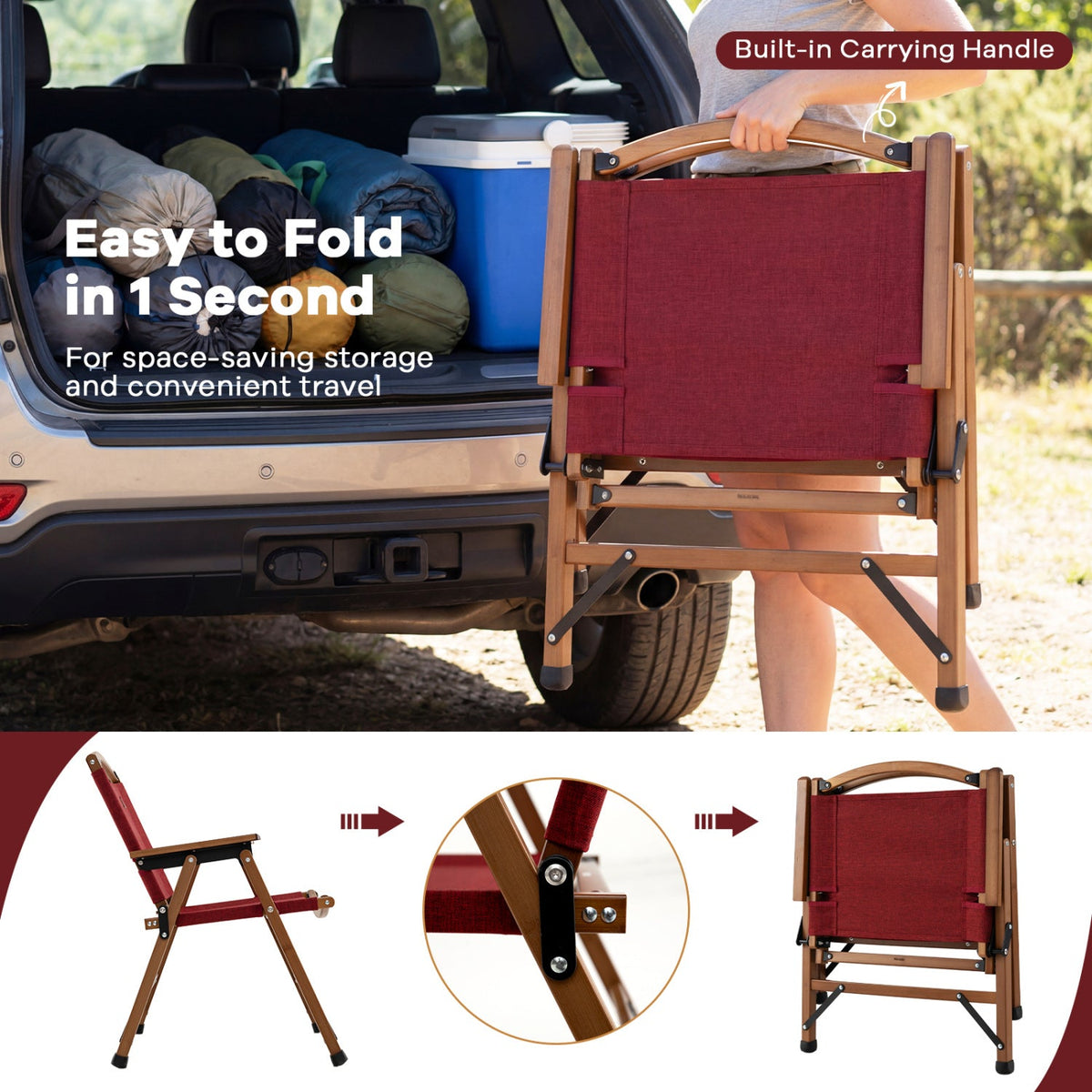 Silla de camping plegable, portátil y ligera para patio, picnic, ocio, pesca, viajes y playa-Roja