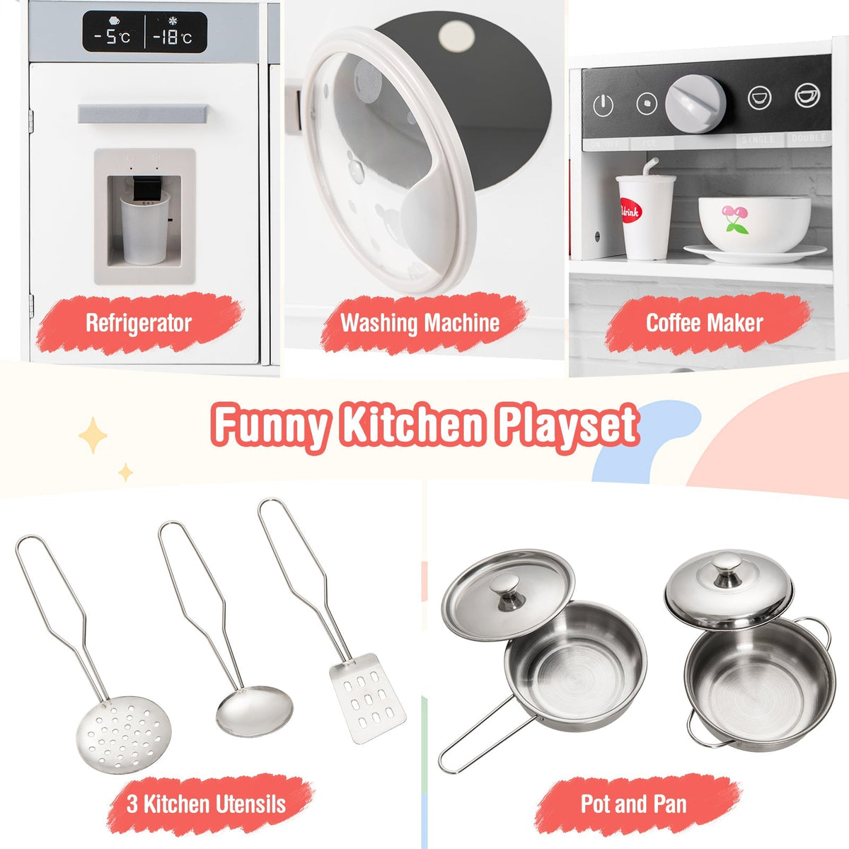 Pretend Play Kitchen Wooden Toy Set Kitchen Accessory Playset with Real Lights Sounds