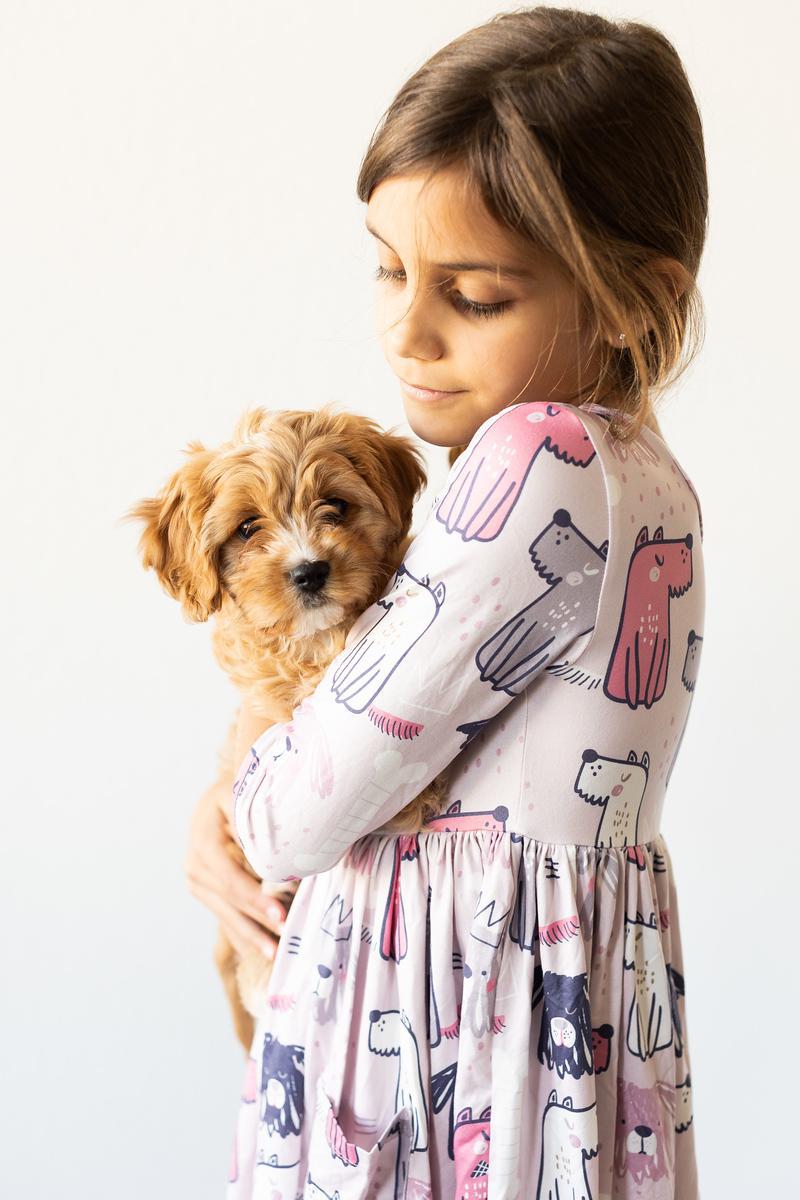 Puppy Party 3/4 Sleeve Pocket Twirl Dress
