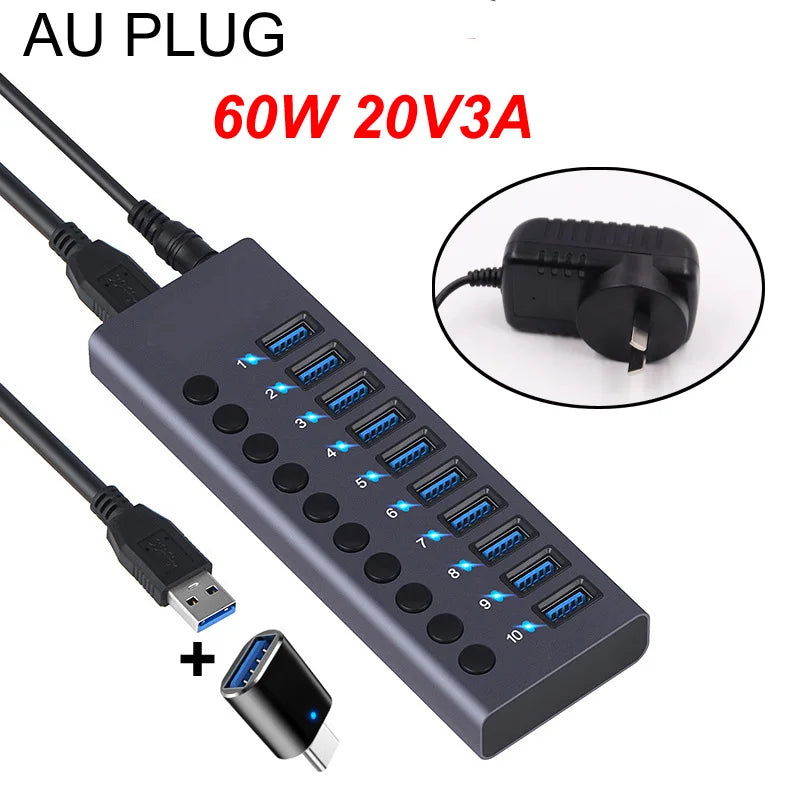 10-Port USB 3.0 Hub, 5Gbps Data Transfer Docking Station with 60W Power