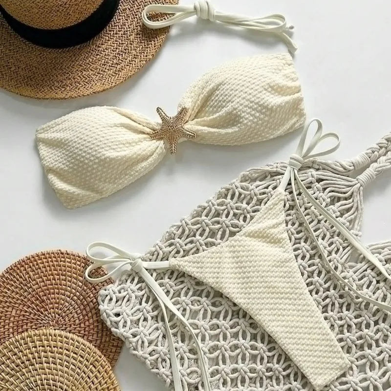 Swimsuit Solid Color Bikini European and American Sexy Lace Up Bikini Women's Small Fresh Split Beach Style Pure Desire Swimsuit