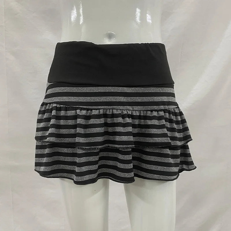 2026 Summer New Women's Wear Y2K Grunge Black and Grey Striped Ruffle Mini Skirt High Waist Elastic Waist Tight A-line Skirt