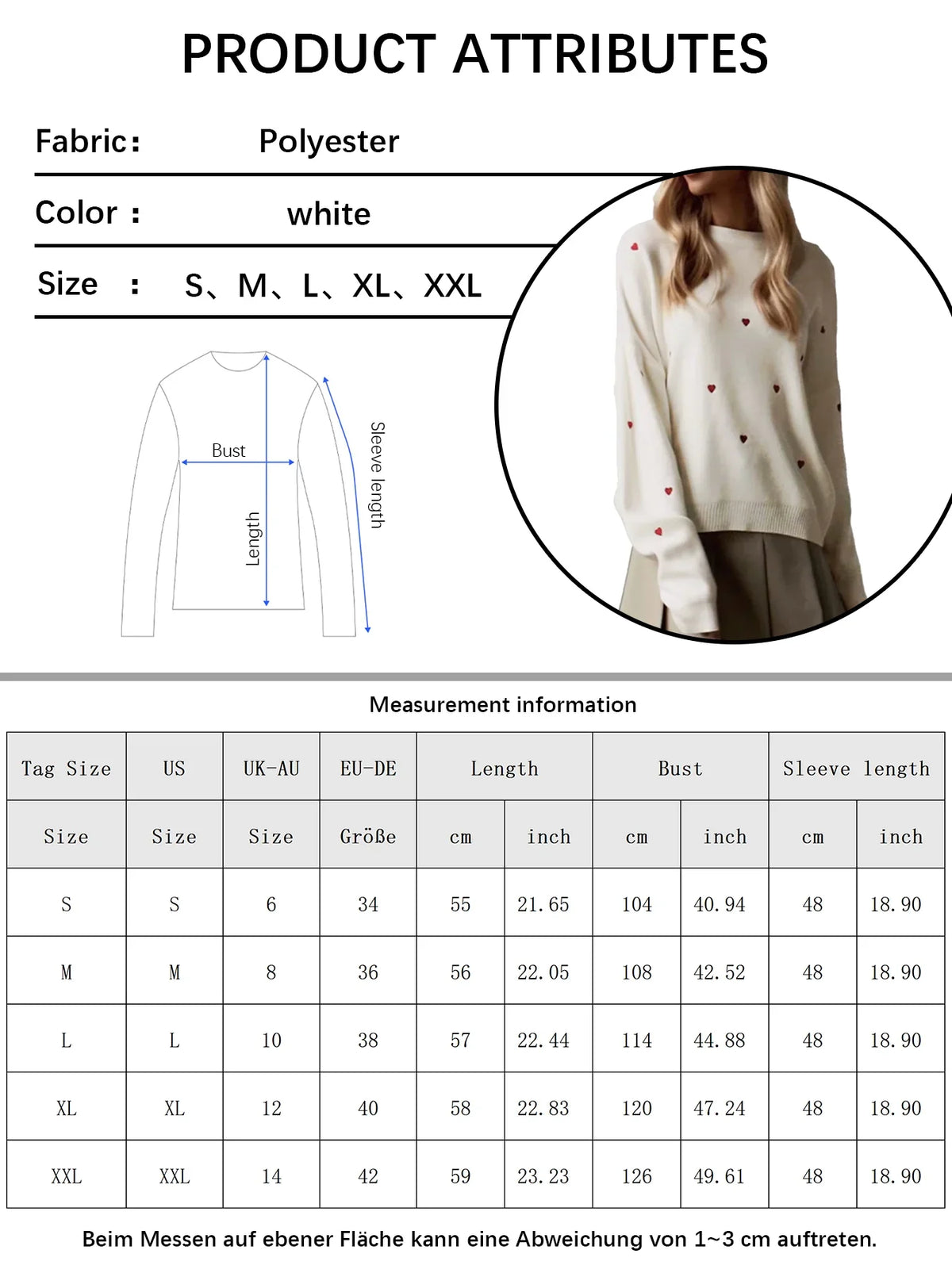 Women's Cream Red Heart Embroidered Knit Sweater Crew Neck Long Sleeve Casual Pullover Fashion Comfortable Top