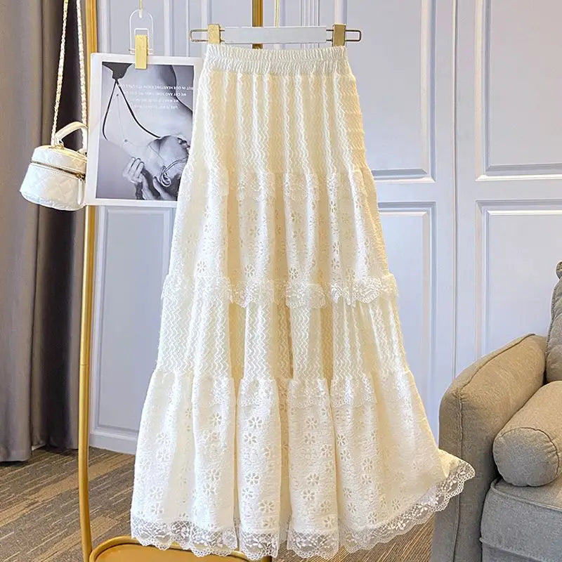 Lace Skirts Women French Style Ankle-length High Elastic Waist Hollow Out Patchwork New Loose Slim Korean A-line Sweet Fit