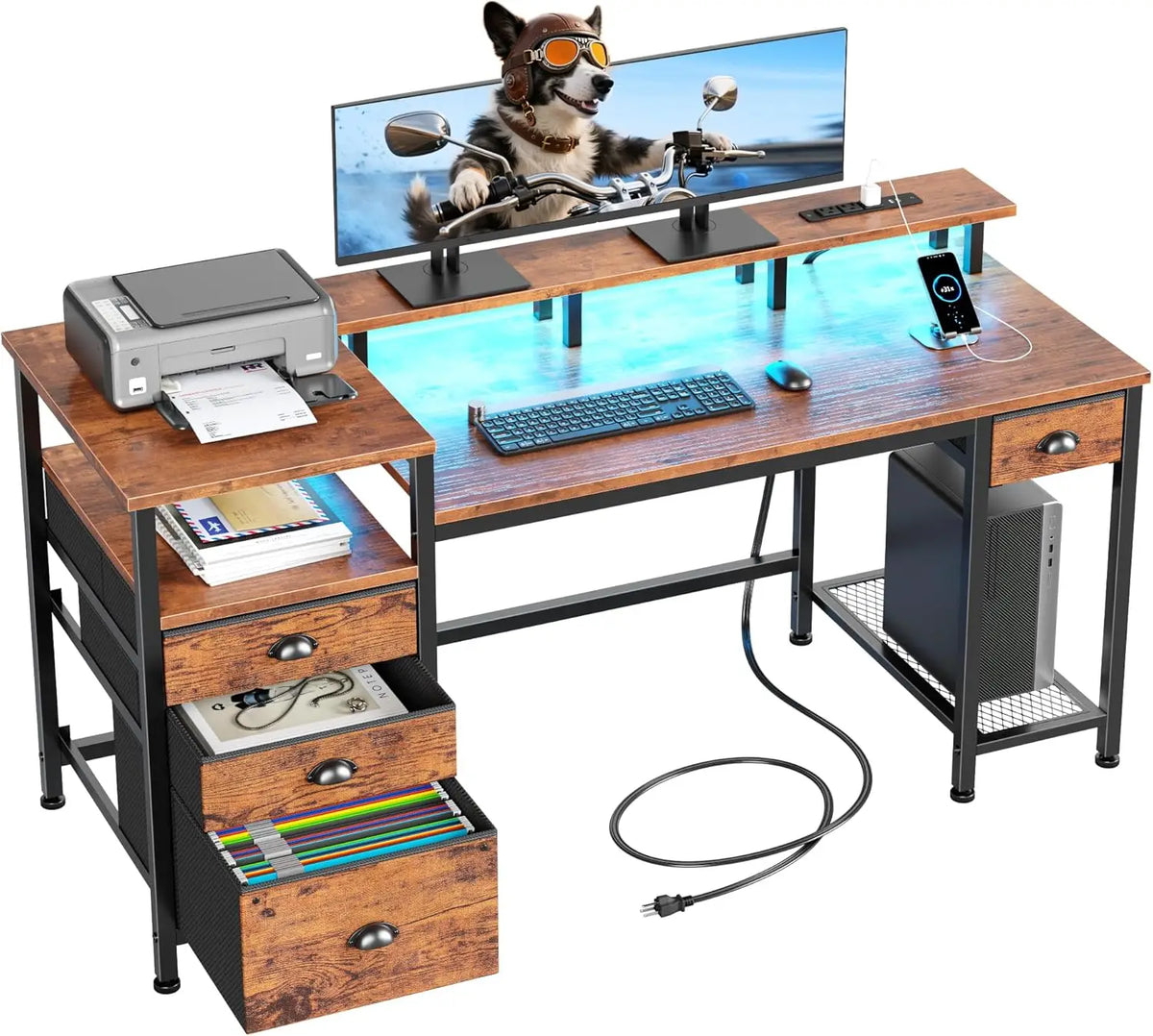 Escritorio negro de 60" con 4 cajones y espacio para impresora, escritorio para juegos con luces LED y tomas de corriente USB, escritorio para oficina en casa
