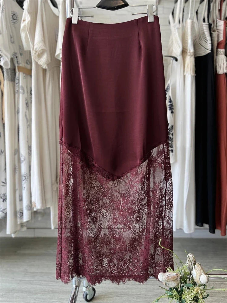 Women Patchwork Lace Skirts 2026 New Vintage High Waist Slim Hollow Out Maxi Skirts Autumn Brown Fashion Party Club Boho Skirt