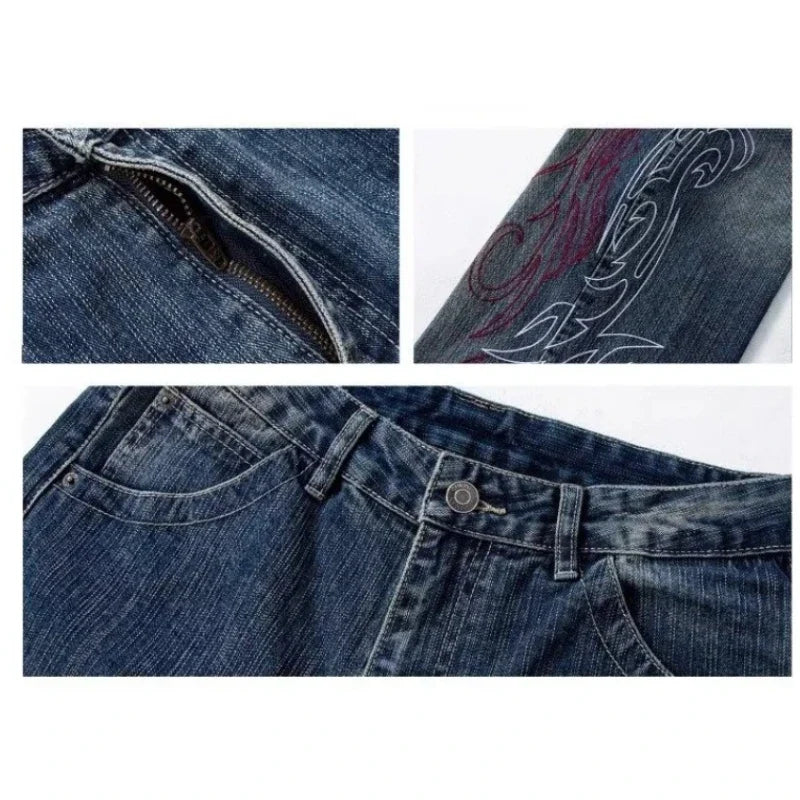 Women's Loose Straight Leg Jeans Elastic High-End Feel European Fashion Embroidered Flower Trendy Versatile Wide Leg Jeans