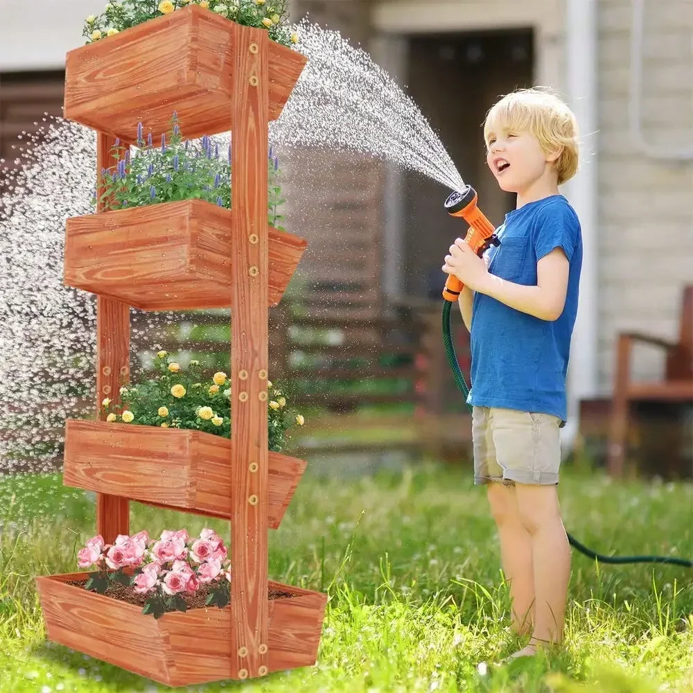 Estante de madera para jardín de 4 niveles en forma de escalera, macetero elevado extragrande para frutas