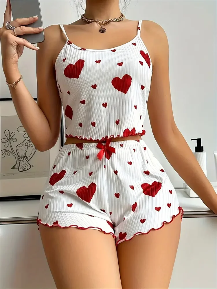 5 tallas a elegir S M L XL 2XL Conjunto de pijama para mujer con tirantes, camiseta sin mangas + pantalones cortos, ropa de dormir con estampado de corazones rojos, lencería sexy