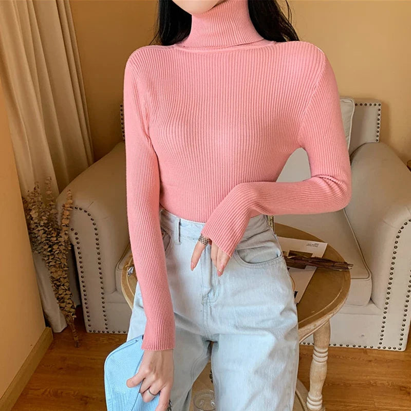 2026 Autumn Winter Women Long Sleeve Knitted Foldover Turtleneck Ribbed Pull Sweater Soft Warm Femme Jumper Pullover Clothes