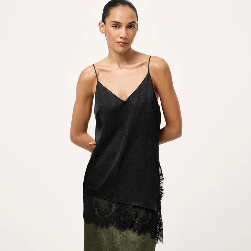 Linad Elegant Satin Apricot Spaghetti Strap Camisole Street Chic Lace Split Vest Female Casual Silk Tops Women 2025 Summer Pink