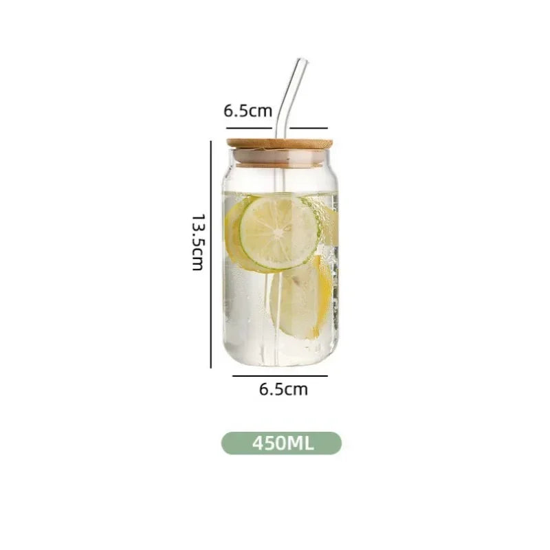 Vaso de vidrio transparente de 450ml/550ml con tapa de madera y pajita, vaso de vidrio de borosilicato alto para jugo, utensilios para beber agua en el hogar