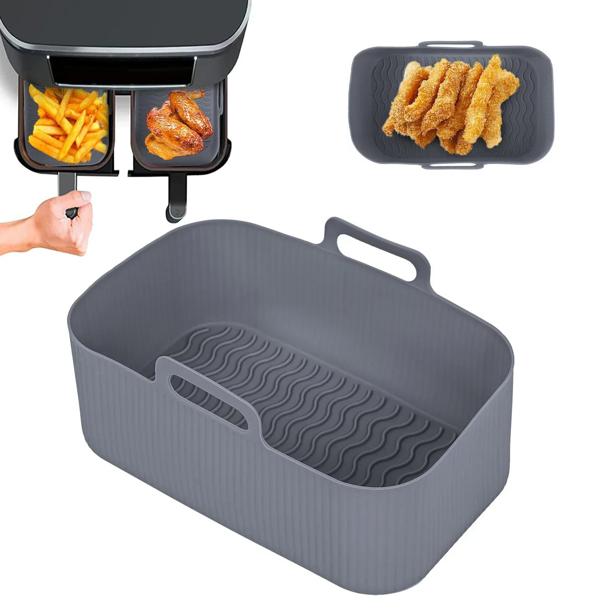 Bandeja de silicona para freidora de aire de 2/1 pieza, cesta para hornear rectangular, inserto de revestimiento reutilizable, plato de pollo frito para accesorios de freidoras de aire