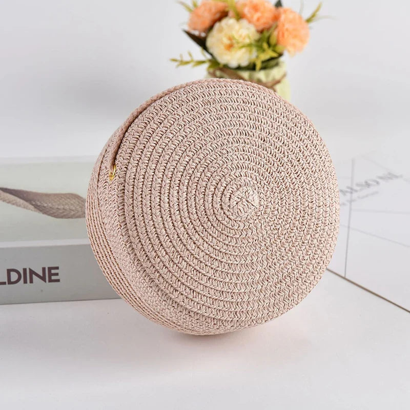 Summer Round Straw Bag For Women Woven Handmade Shoulder Bag New Travel Rattan Beach Bag Casual Style Crossbody Bag Handbag Purs
