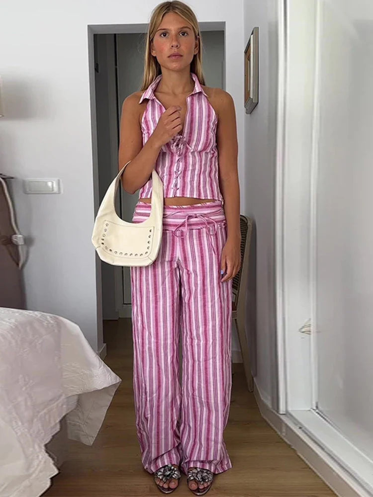 Conjunto de pantalón y chaleco de rayas con cordones para mujer, top sin mangas sin espalda y pantalones de talle alto, conjunto de ropa urbana para dama, novedad 2024