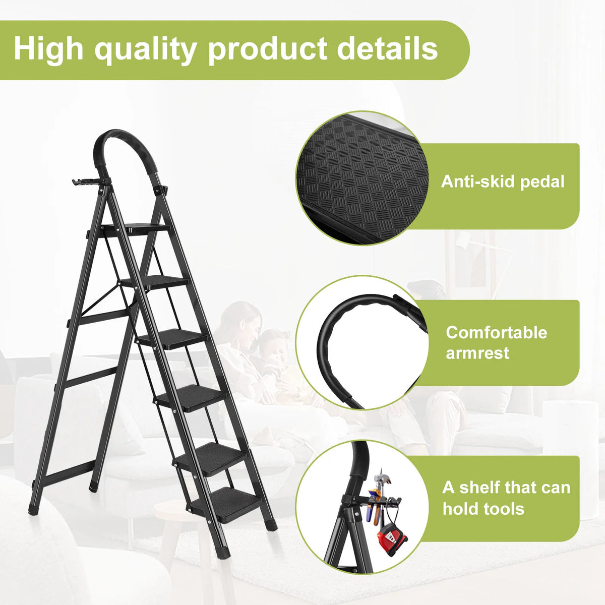 Step Ladder, Folding Step Stool, Heavy-Duty Step Ladder Stool with Handrail Wide Pedal, Anti-Slip Step Ladder with Handgrip, Mul