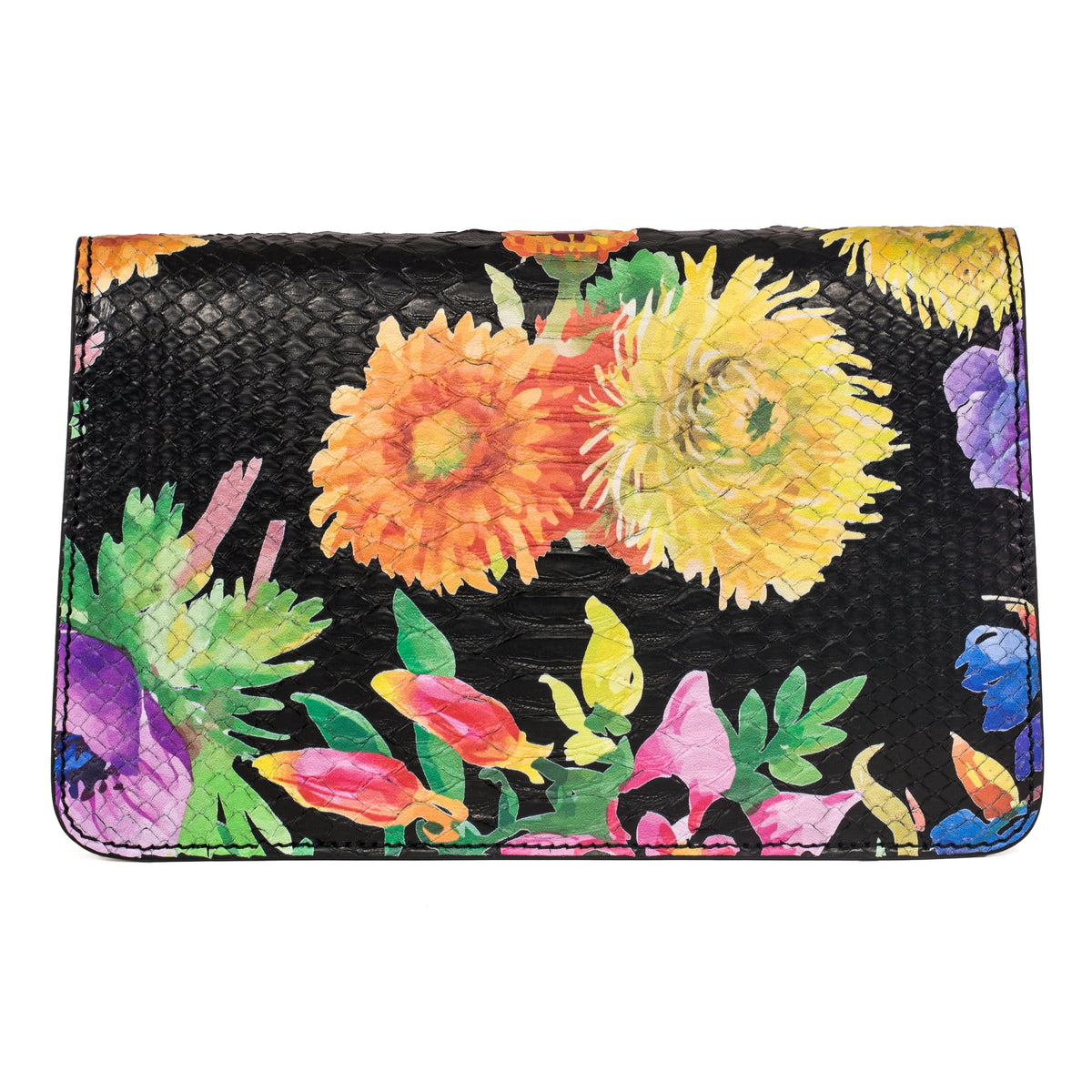 Custom Floral Black Python Clutch With Custom Swarovski Stone