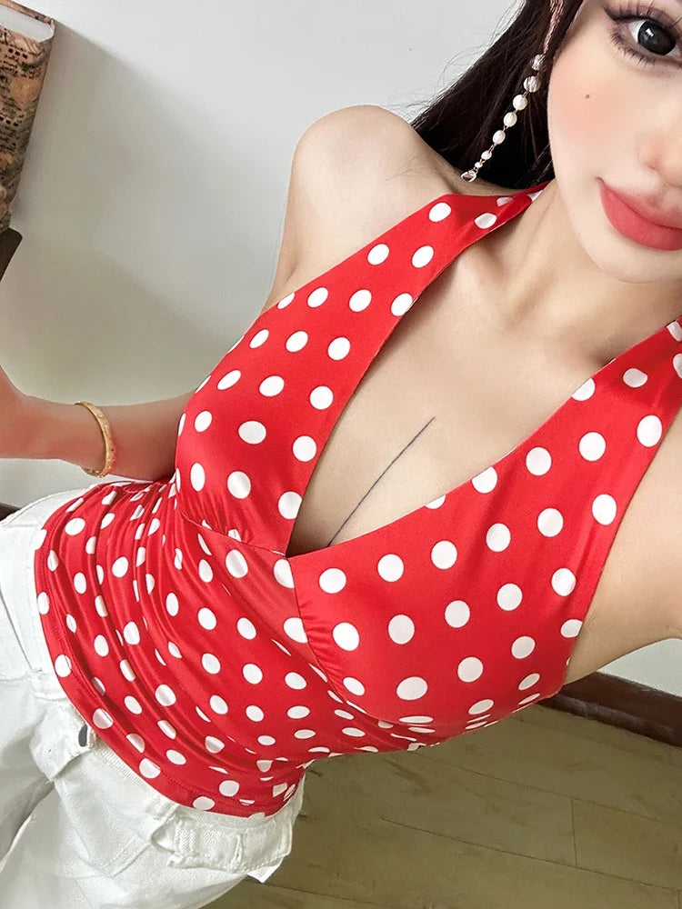 Weird Puss Polka Dot Print Vest Women Y2K Lace-Up Backless Halter v-Neck Skinny Summer Trend Daily Street Basic Chic Tank Tops