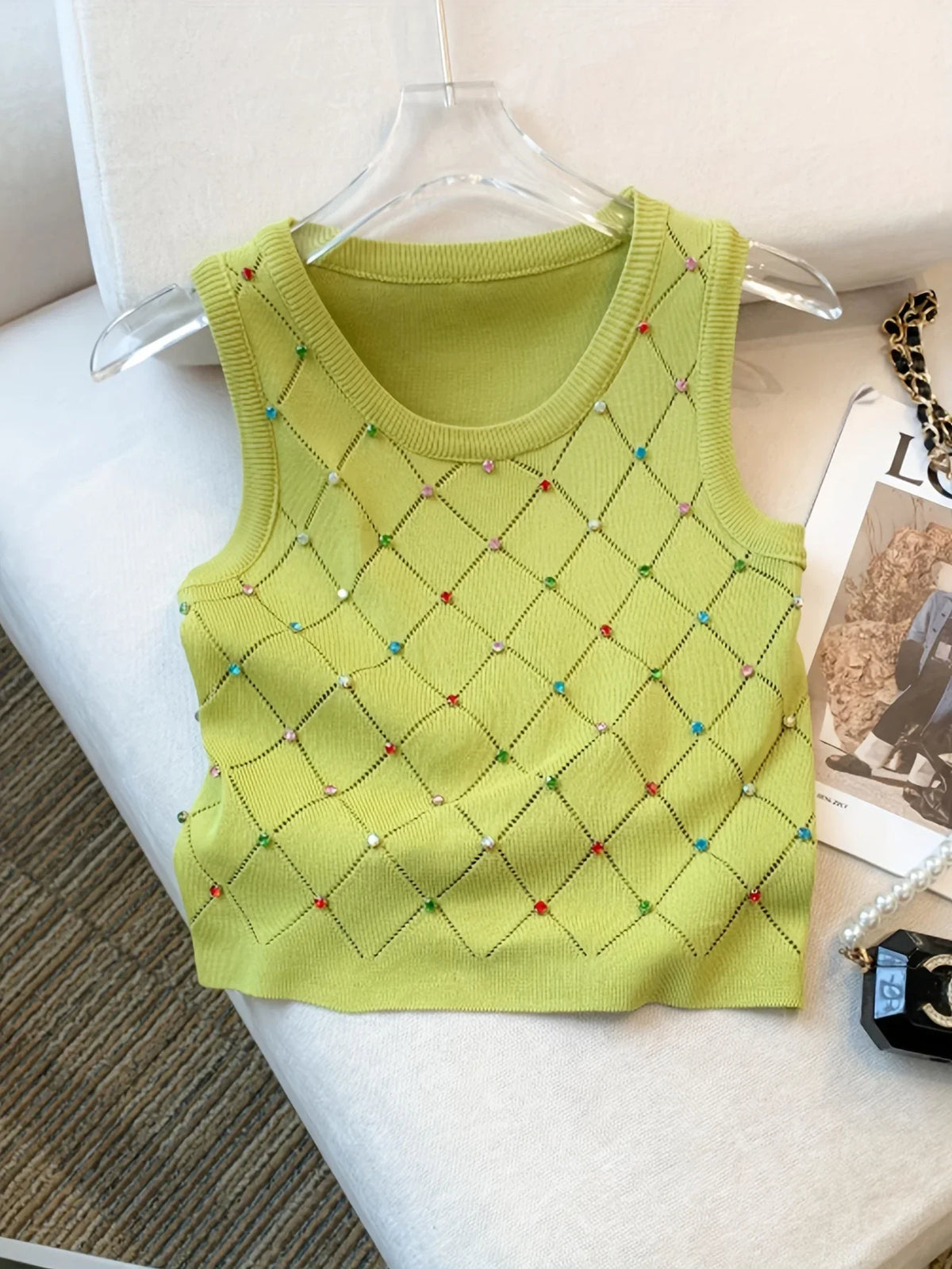 Colorful Rhinestone Knitted Tank Top Casual Crew Neck Sleeveless Tank Top For Summer Women's Clothing Crop Top Camis
