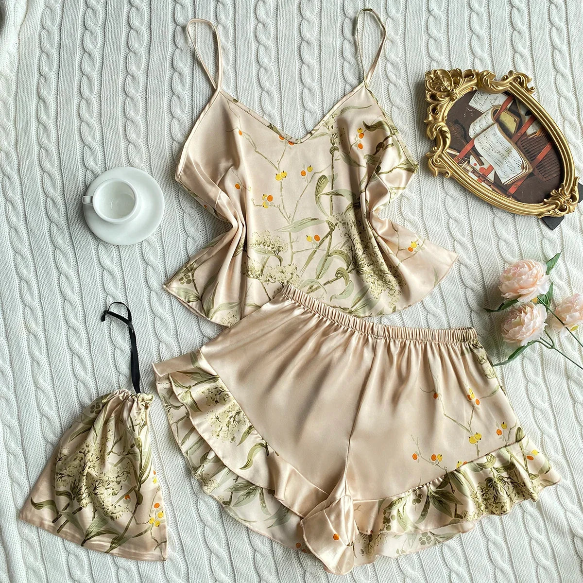 Elegant Floral Print Cami Tops Ruffle Hem Shorts Pajama Set Women's Sleepwear Loungewear