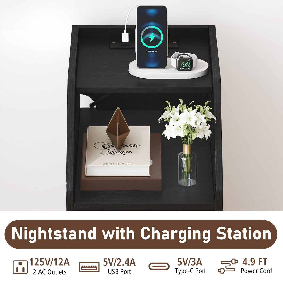 Set of 2 Side End Tables with Charging Station Sofa Couch Tables with Shelf Drawers