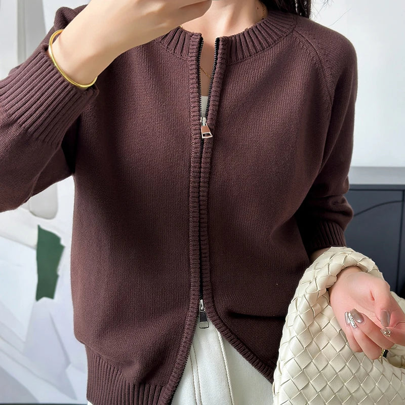 YTFidio 100% Cotton Women O-neck Thick Zipper Solid Cardigan Luxury Designer Clothing Woman Pullover Female Tops 401