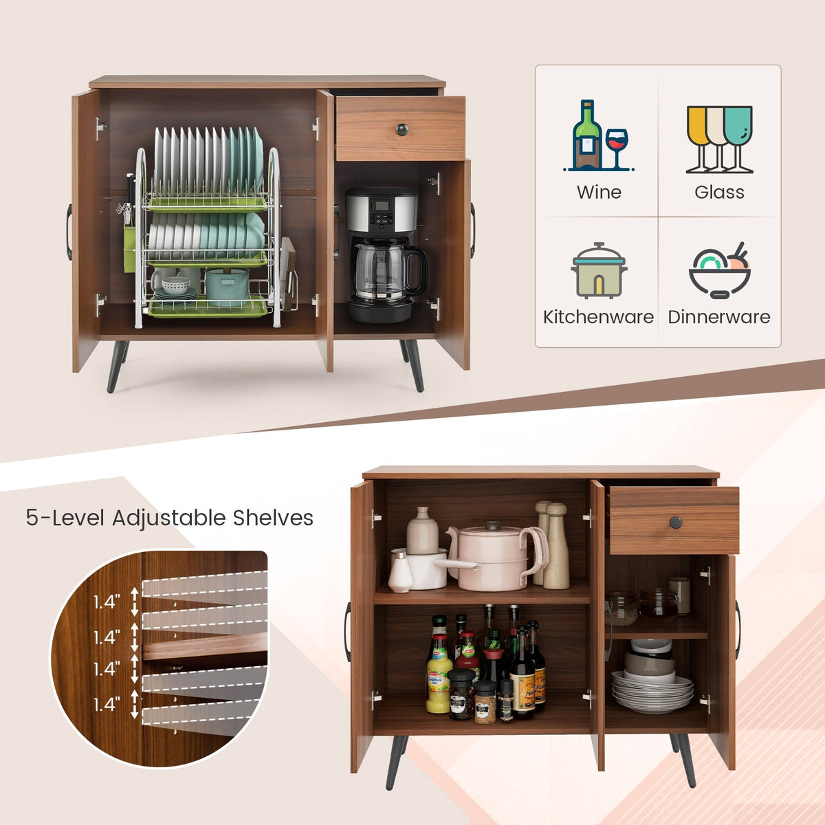 Sideboard Cabinet with 3 Doors and Pull out Drawer Adjustable Shelves-Walnut