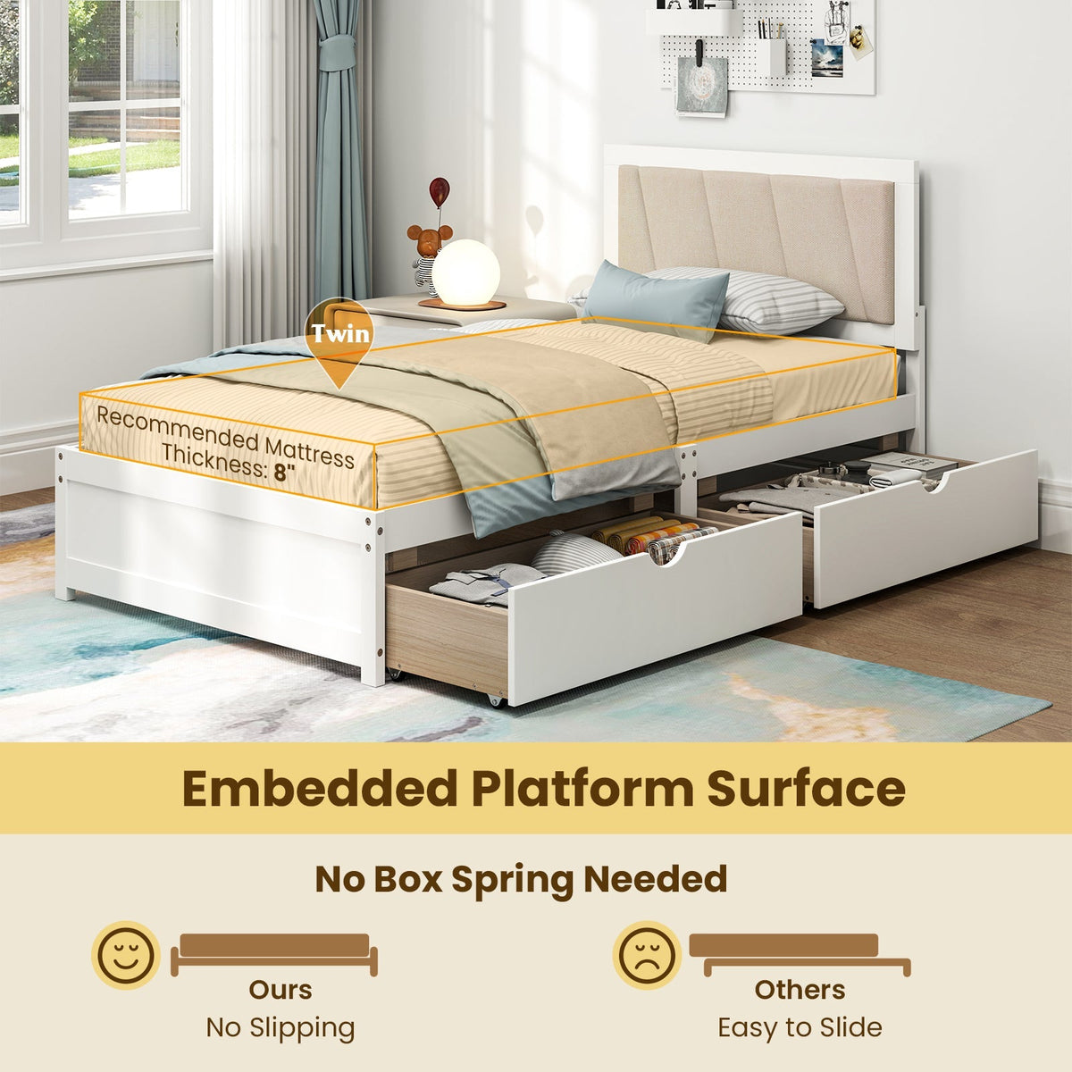 Solid Wood Structure Bed Frame with 2 Drawers Upholstered Headboard-Twin Size