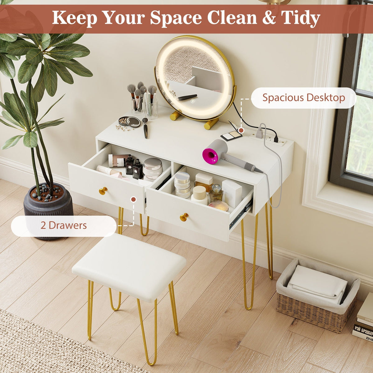 Vanity Desk with with Lighted Adjustable Mirror for Bedroom