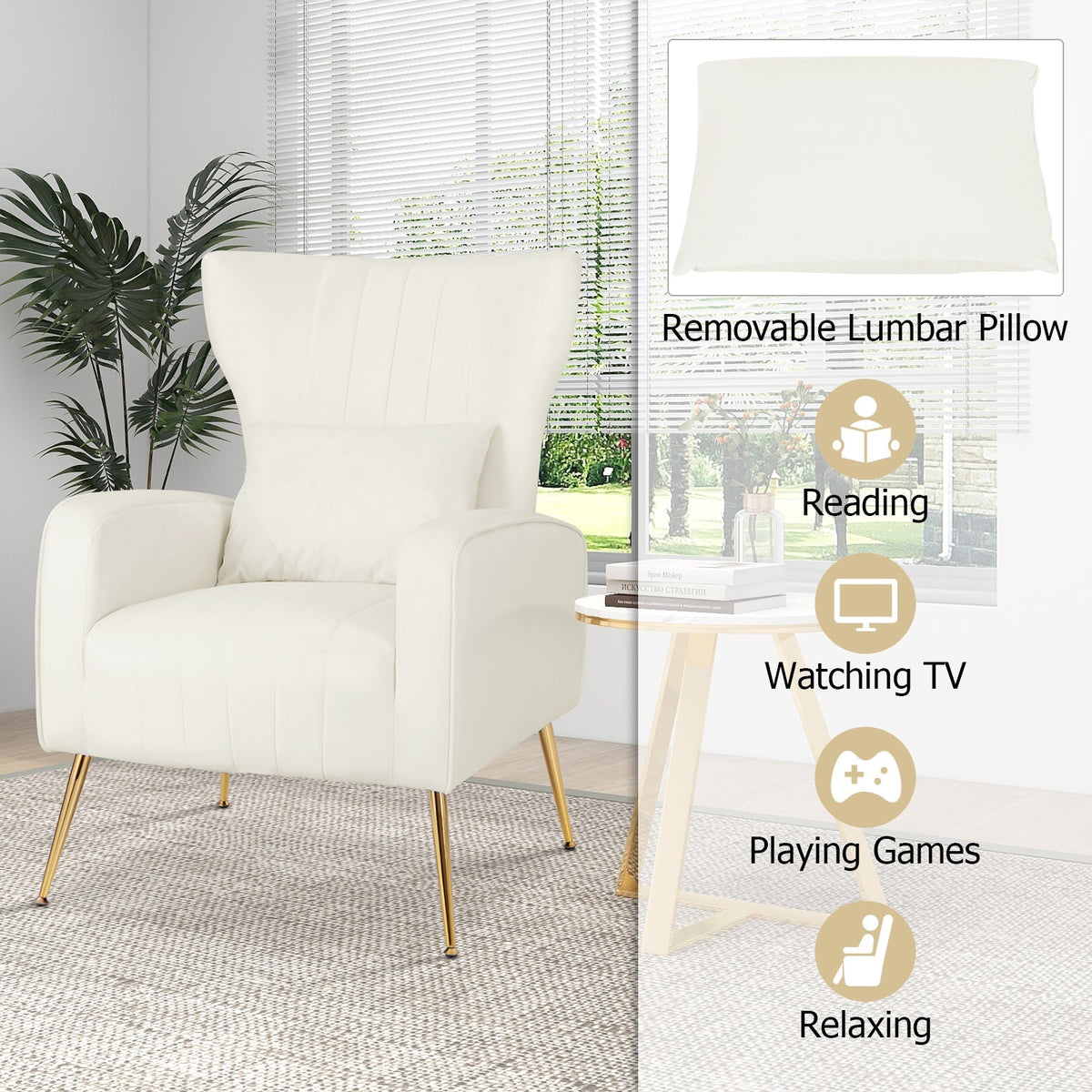 Velvet Upholstered Wingback Chair with Lumbar Pillow and Golden Metal Legs