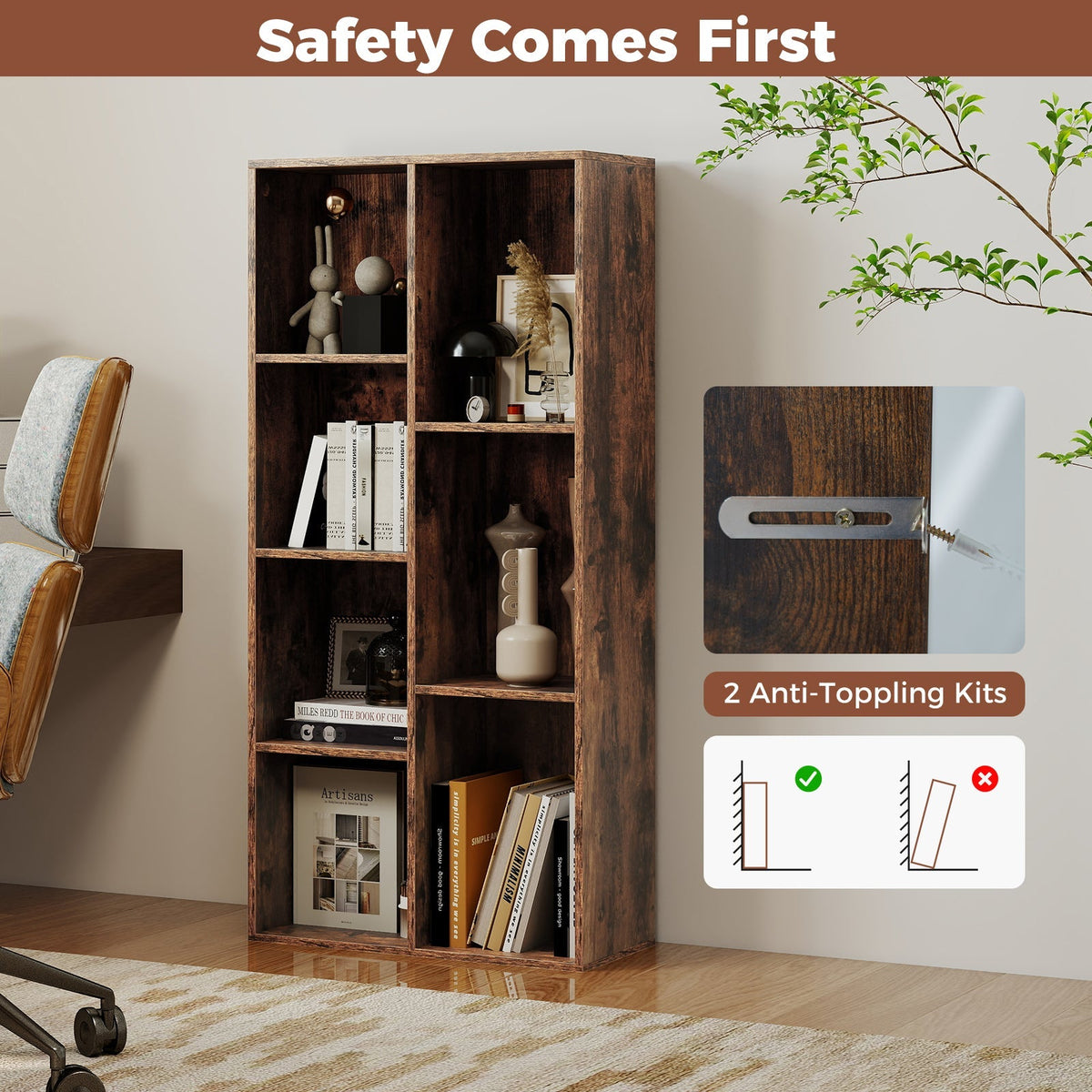 Vertical or Horizontal Freestanding Bookshelf with 7 Compartments