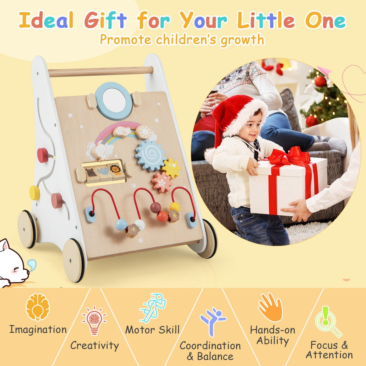 Wooden Baby Walker with Multiple Activities Center for Over 1 Year Old-White