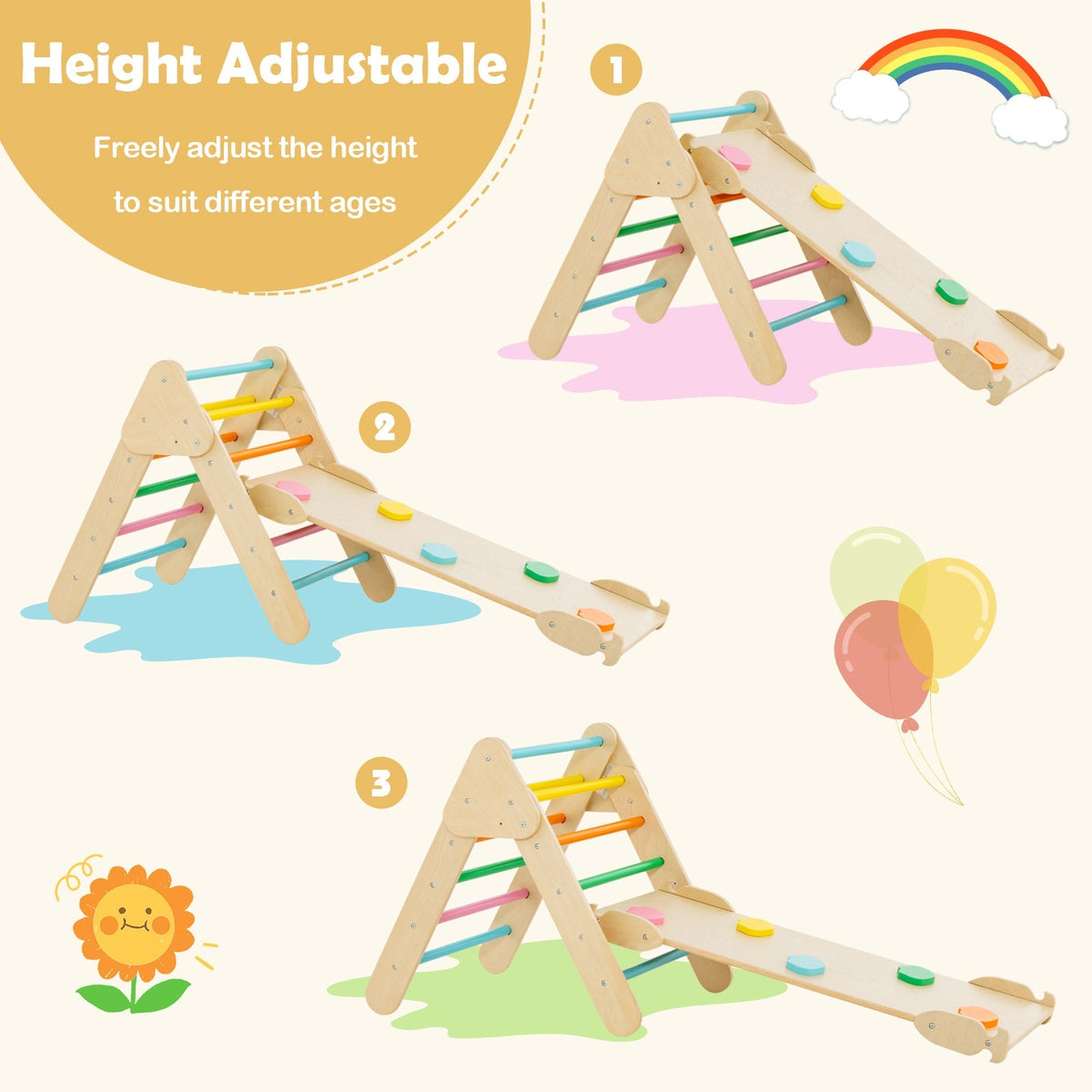 Juguetes de escalada de madera 5 en 1 para niños con rampa de arco triangular