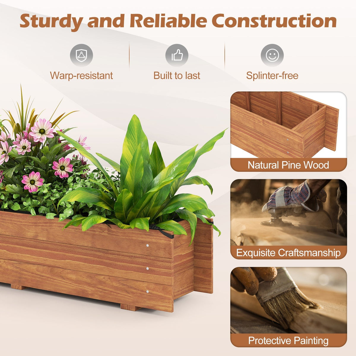 Wooden Raised Garden Bed with Drainage Holes and Liner Elevated Rectangular Planter Box-Orange