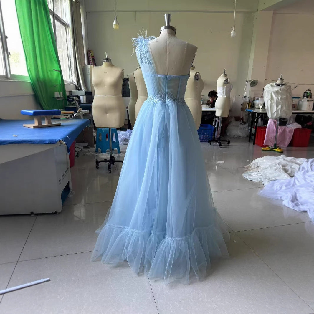 Blue One-shoulder Feather Wedding Dress