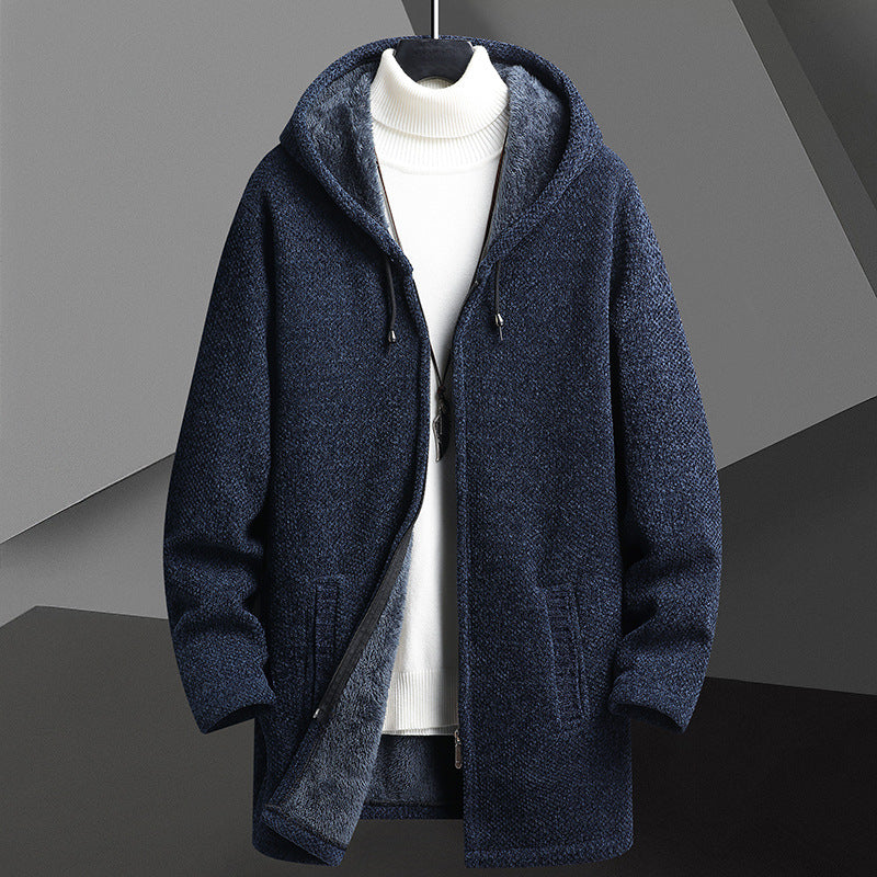 Fall Winter Men Fleece-lined Mid-length Zipper Hooded Sweater Cardigan
