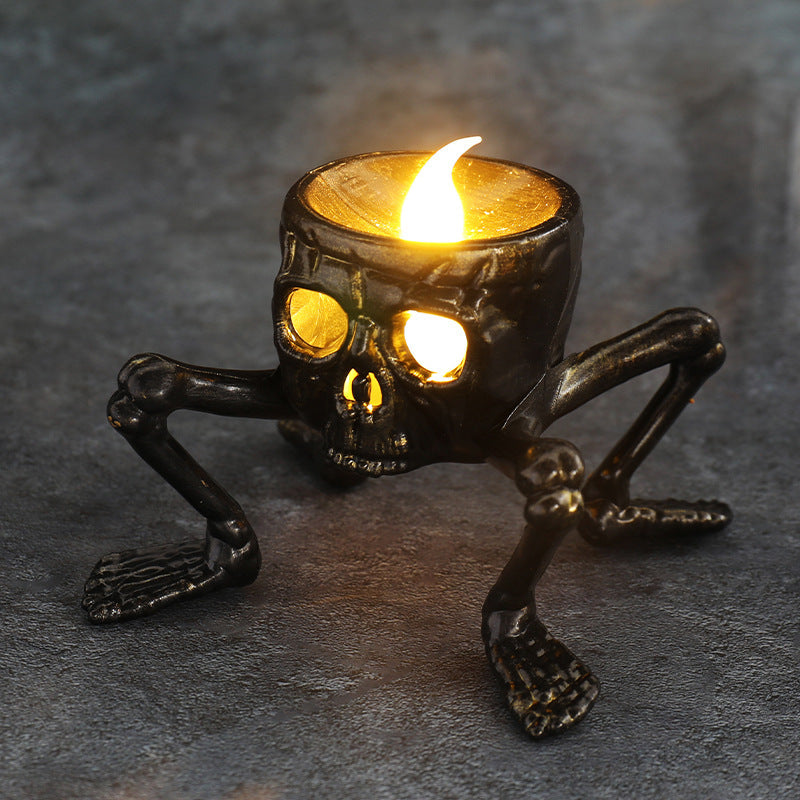 Linterna de mano de calavera de Halloween, accesorios de decoración para ambiente, linterna de noche con pie de calavera, linterna de vela de Halloween